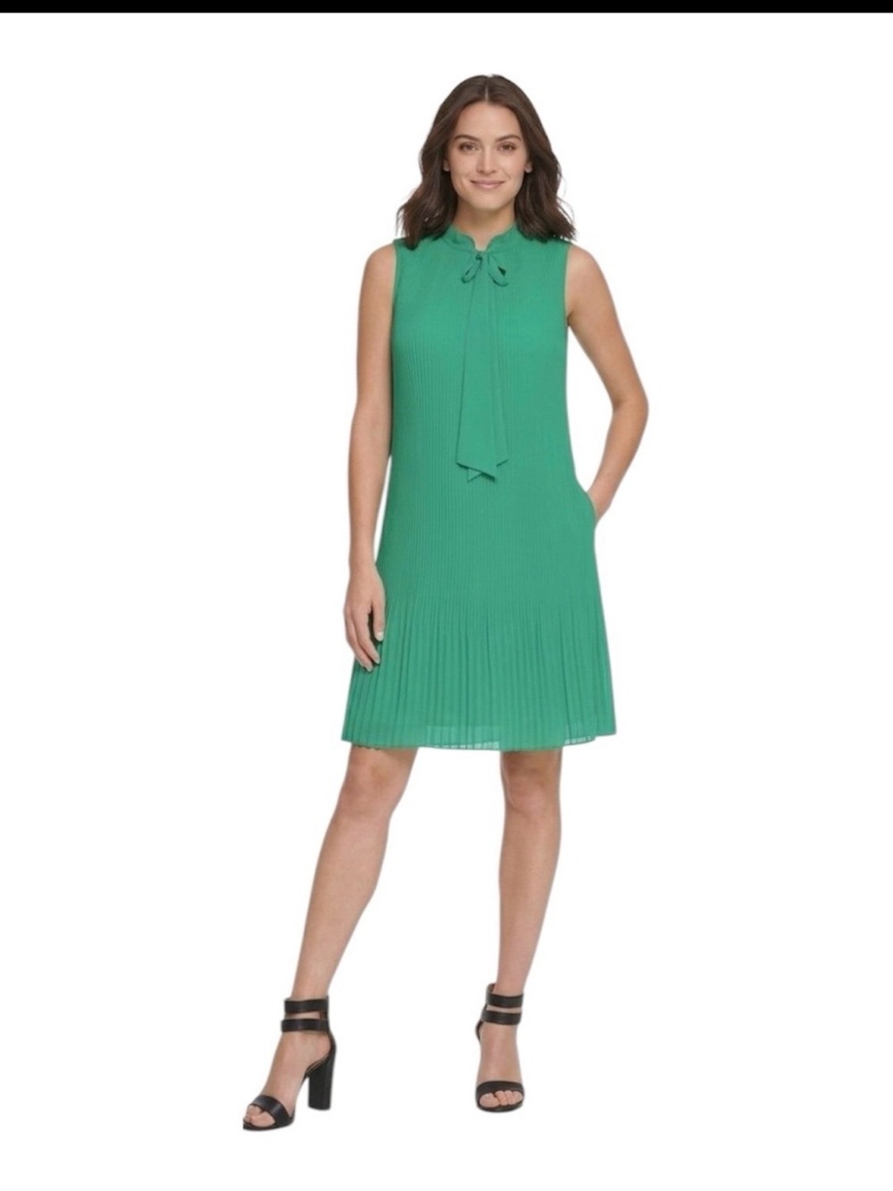 DKNY Green Pleated Bow Tie Neck Sleeveless Shift Dress Chiffon Size 2 $139